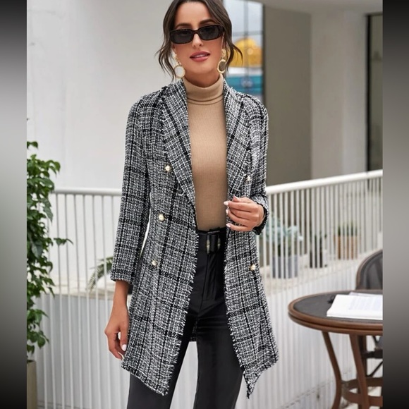 Double Button Plaid Tweed Coat- Black & White - Picture 2 of 6